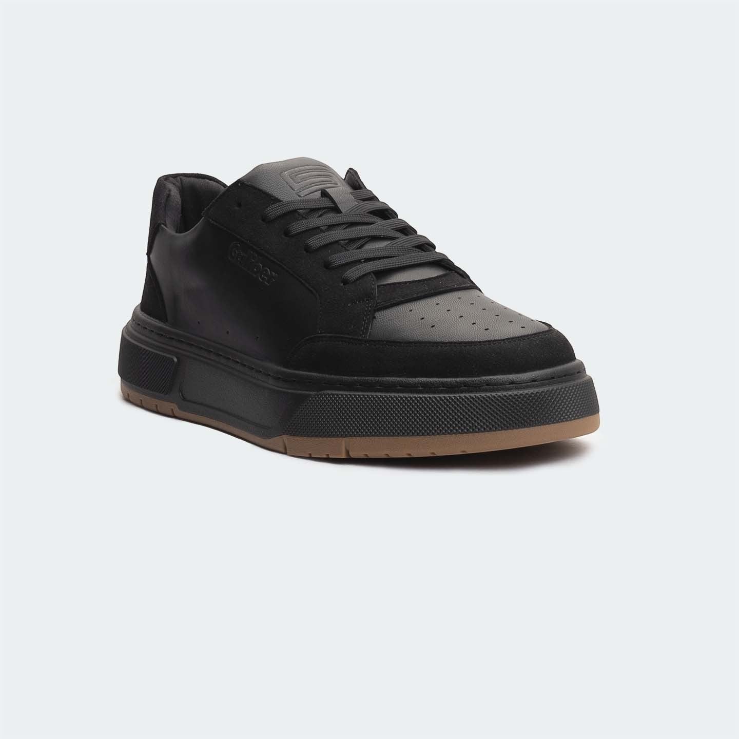Caliber Shoes black microfiber suede casual sneakers with PU/TPU sole and lace-up closure.