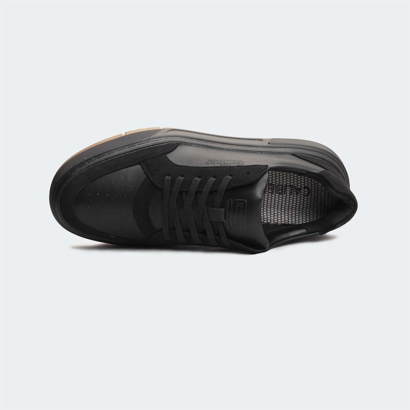 Caliber Shoes black microfiber suede casual sneakers with PU/TPU sole and lace-up closure.