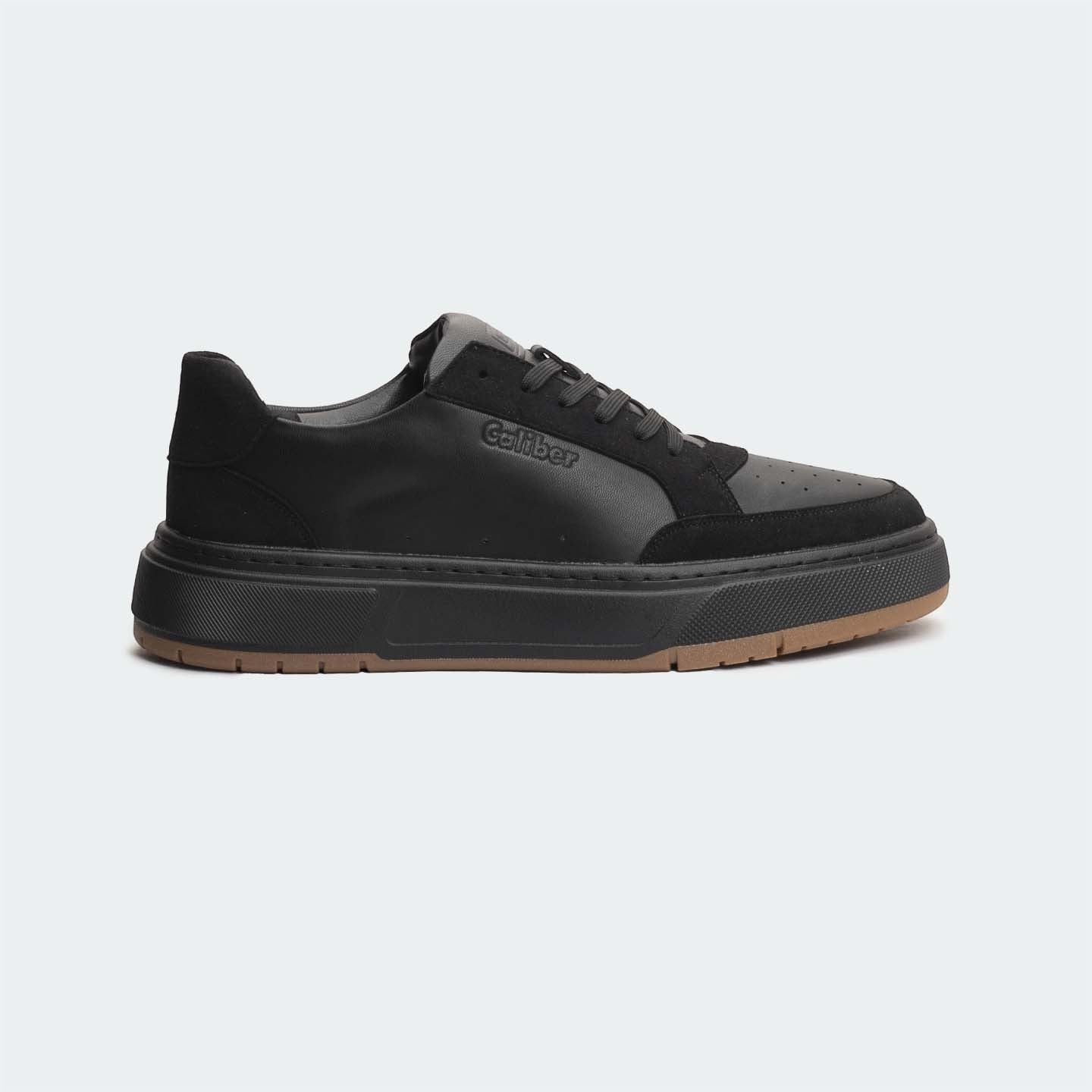 Caliber Shoes black microfiber suede casual sneakers with PU/TPU sole and lace-up closure.