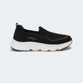 Caliber Shoes black knit slip-on sneakers with white EVA bubble sole and grey logo detail.