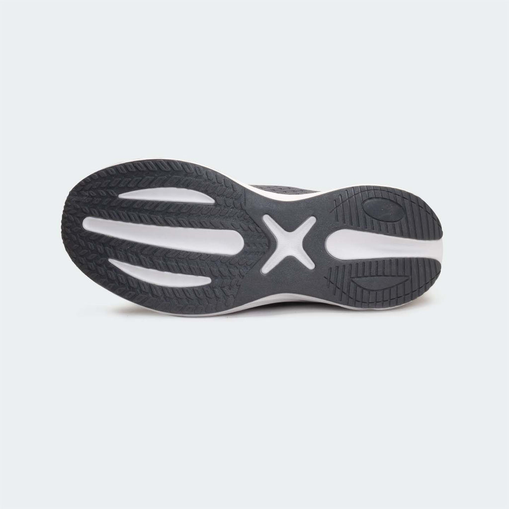 Bottom view of grey sports shoes for unisex showing EVA sole design and tread pattern.