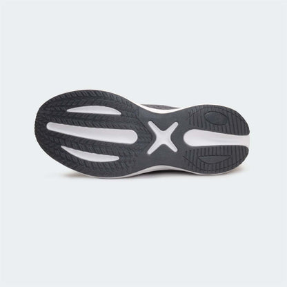 Bottom view of grey sports shoes for unisex showing EVA sole design and tread pattern.