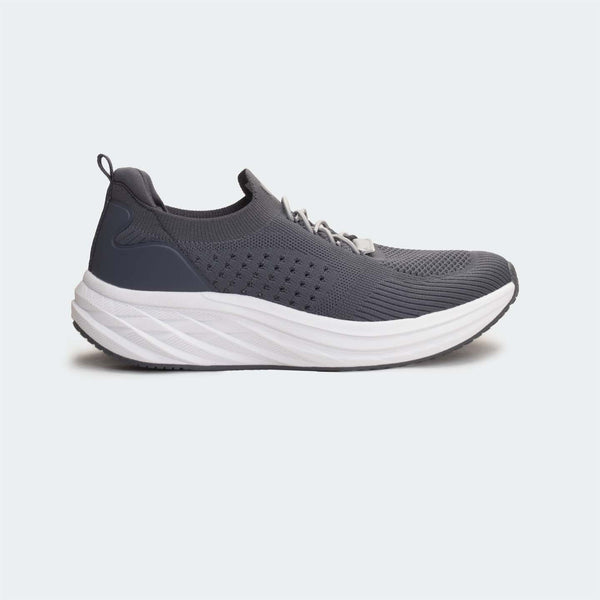 Grey sports shoes for unisex, slip-on design with breathable upper and flat EVA sole for comfort.