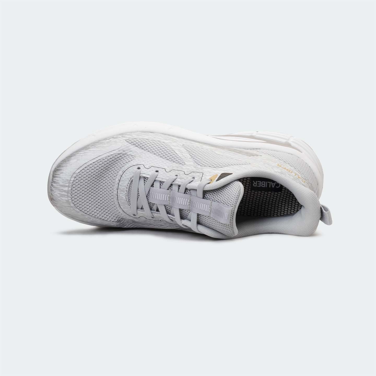 Caliber Shoes men's light grey mesh sports sneakers with white EVA sole and metallic detailing.