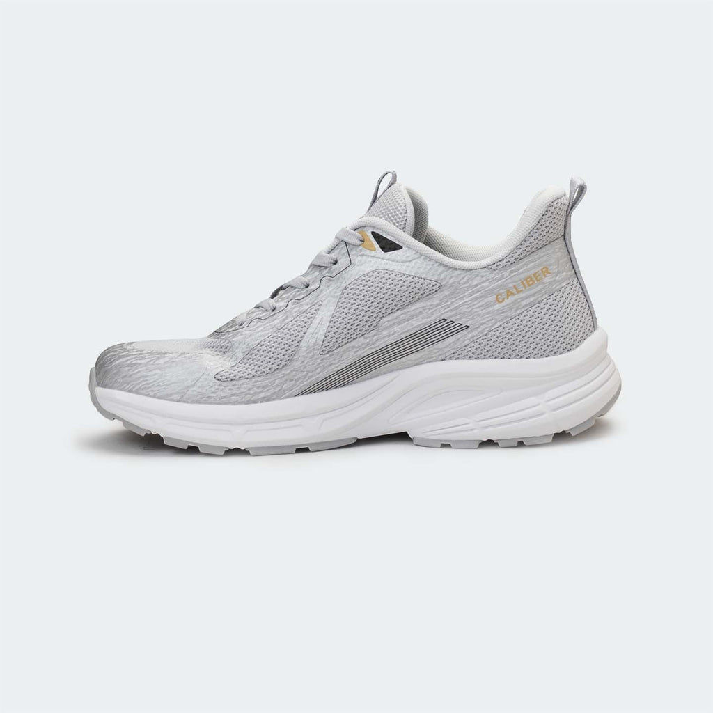 Caliber Shoes men's light grey mesh sports sneakers with white EVA sole and metallic detailing.