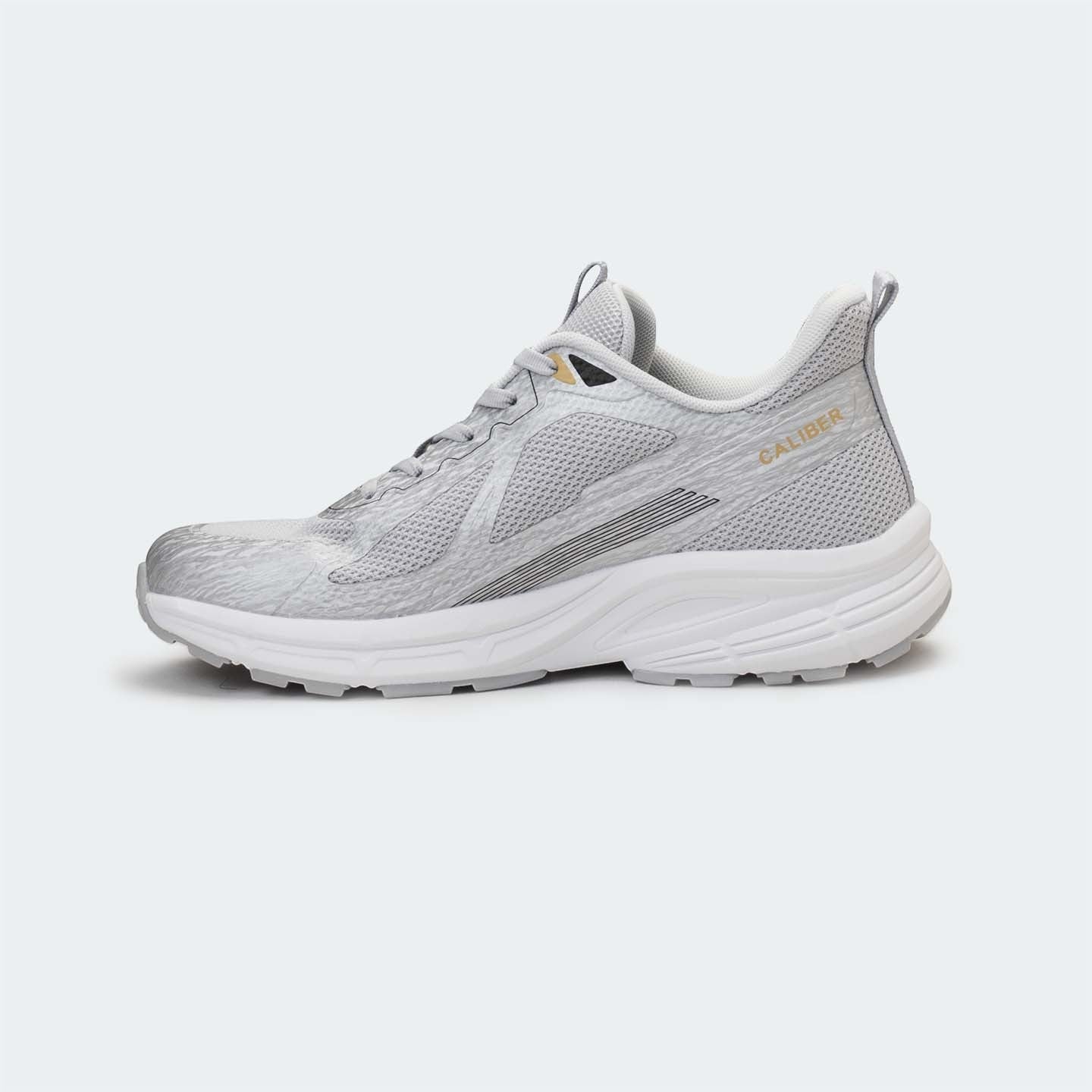 Caliber Shoes men's light grey mesh sports sneakers with white EVA sole and metallic detailing.