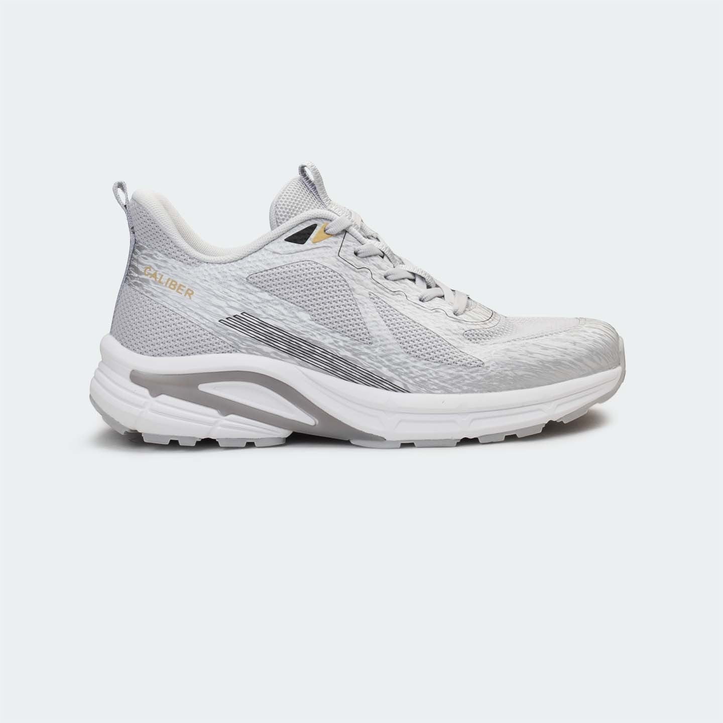 Caliber Shoes men's light grey mesh sports sneakers with white EVA sole and metallic detailing.