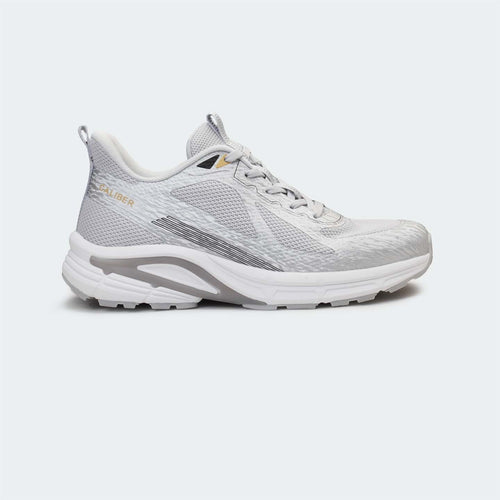 Caliber Shoes men's light grey mesh sports sneakers with white EVA sole and metallic detailing.
