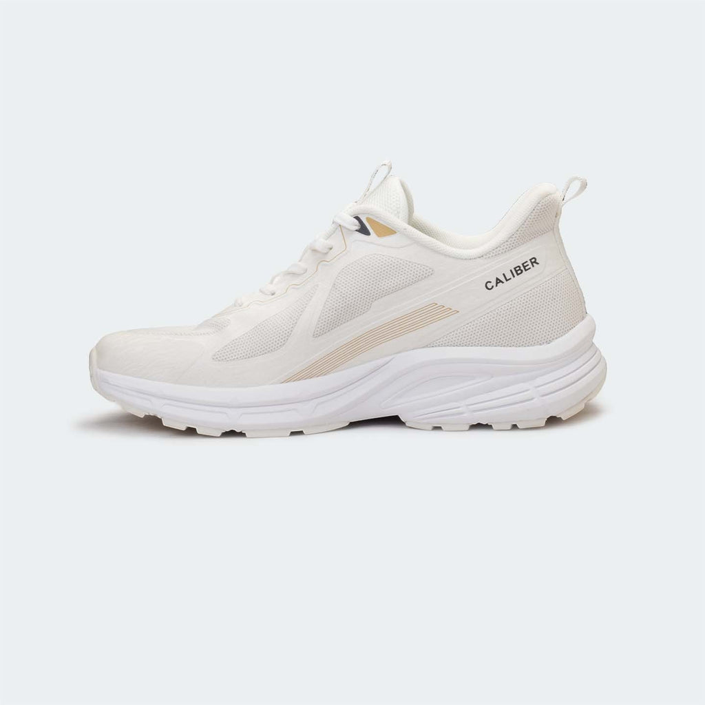 Caliber Shoes white mesh sports sneakers with gold accents and sculpted EVA midsole.