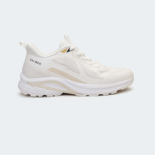 Caliber Shoes white mesh sports sneakers with gold accents and sculpted EVA midsole.