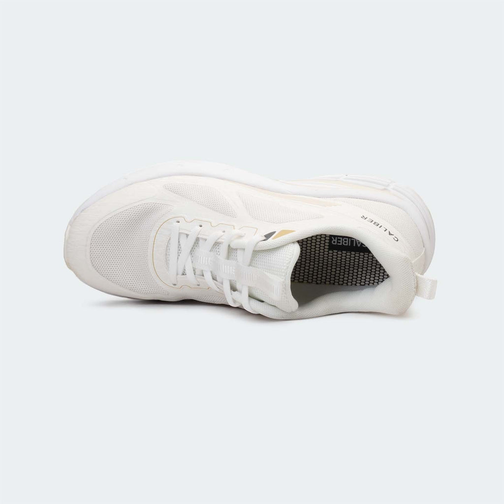 Caliber Shoes white mesh sports sneakers with gold accents and sculpted EVA midsole.
