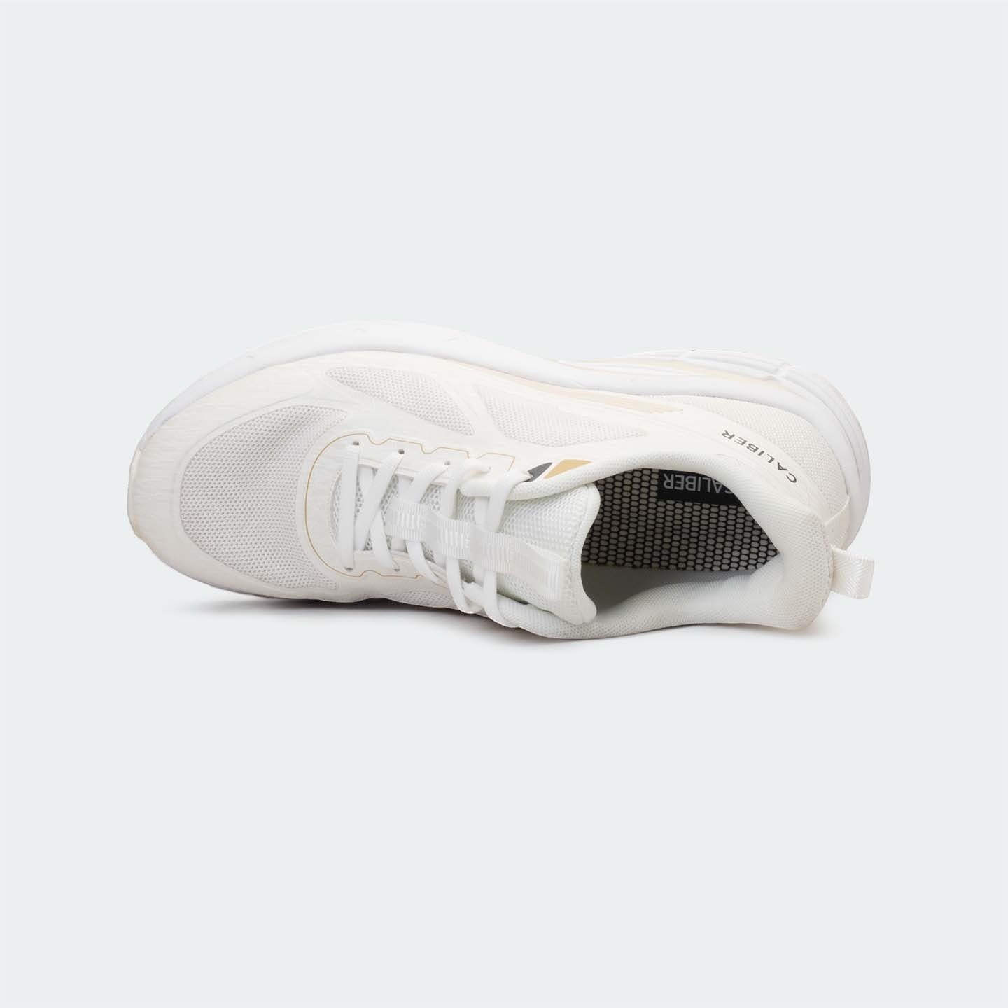 Caliber Shoes white mesh sports sneakers with gold accents and sculpted EVA midsole.