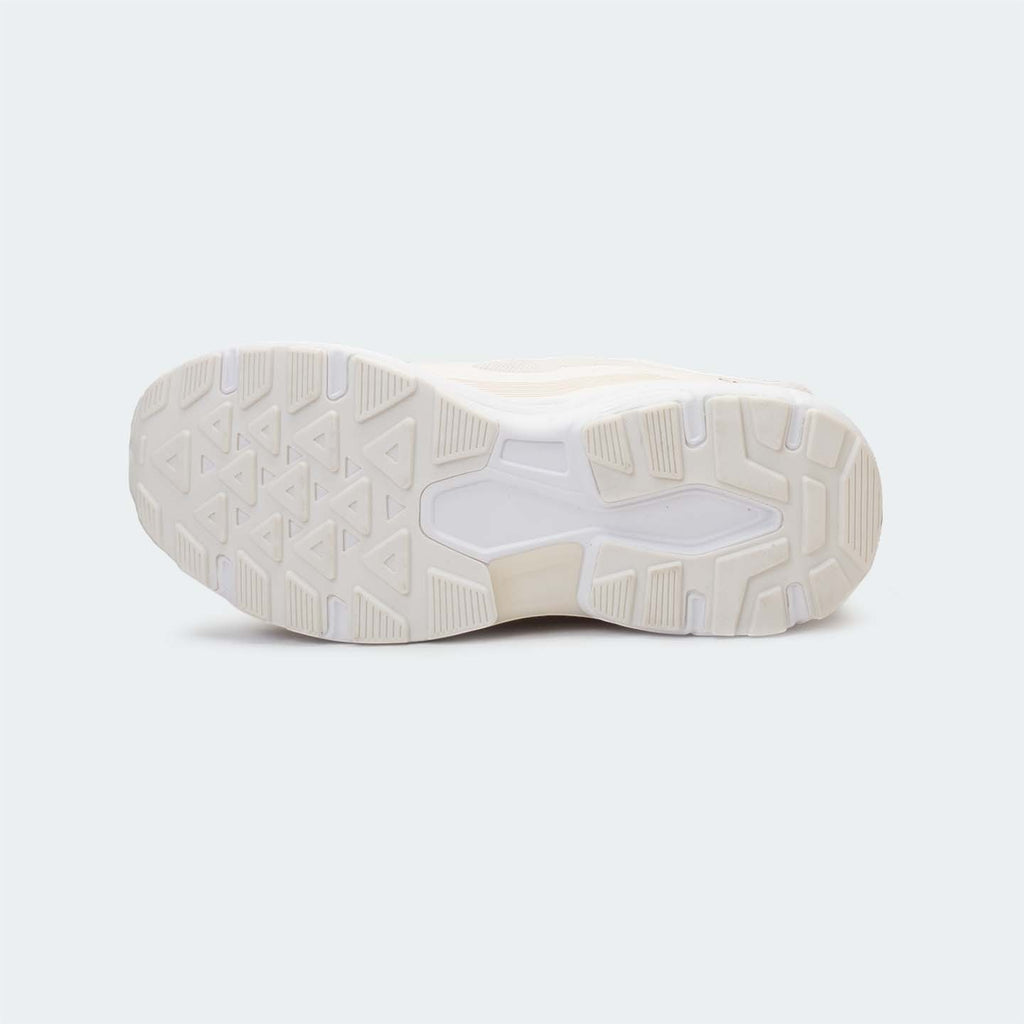 Caliber Shoes white mesh sports sneakers with gold accents and sculpted EVA midsole.