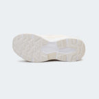 Caliber Shoes white mesh sports sneakers with gold accents and sculpted EVA midsole.