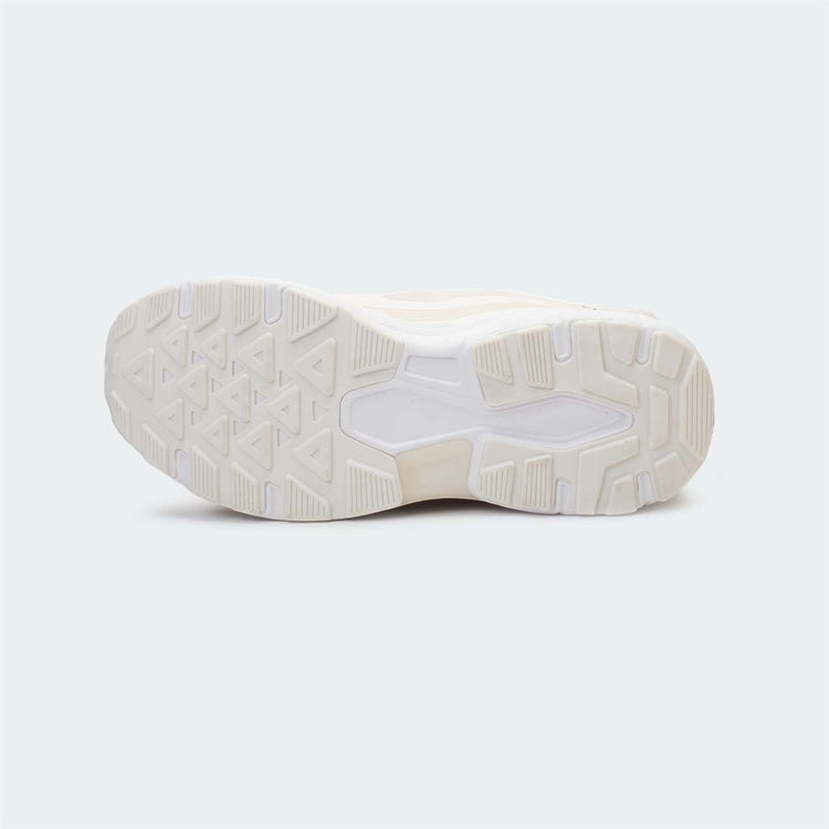 Caliber Shoes white mesh sports sneakers with gold accents and sculpted EVA midsole.