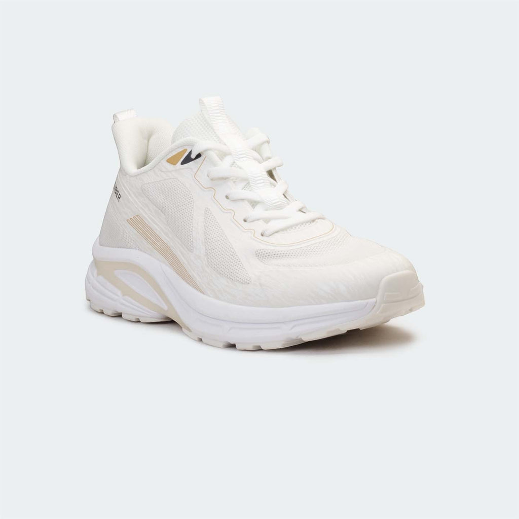 Caliber Shoes white mesh sports sneakers with gold accents and sculpted EVA midsole.