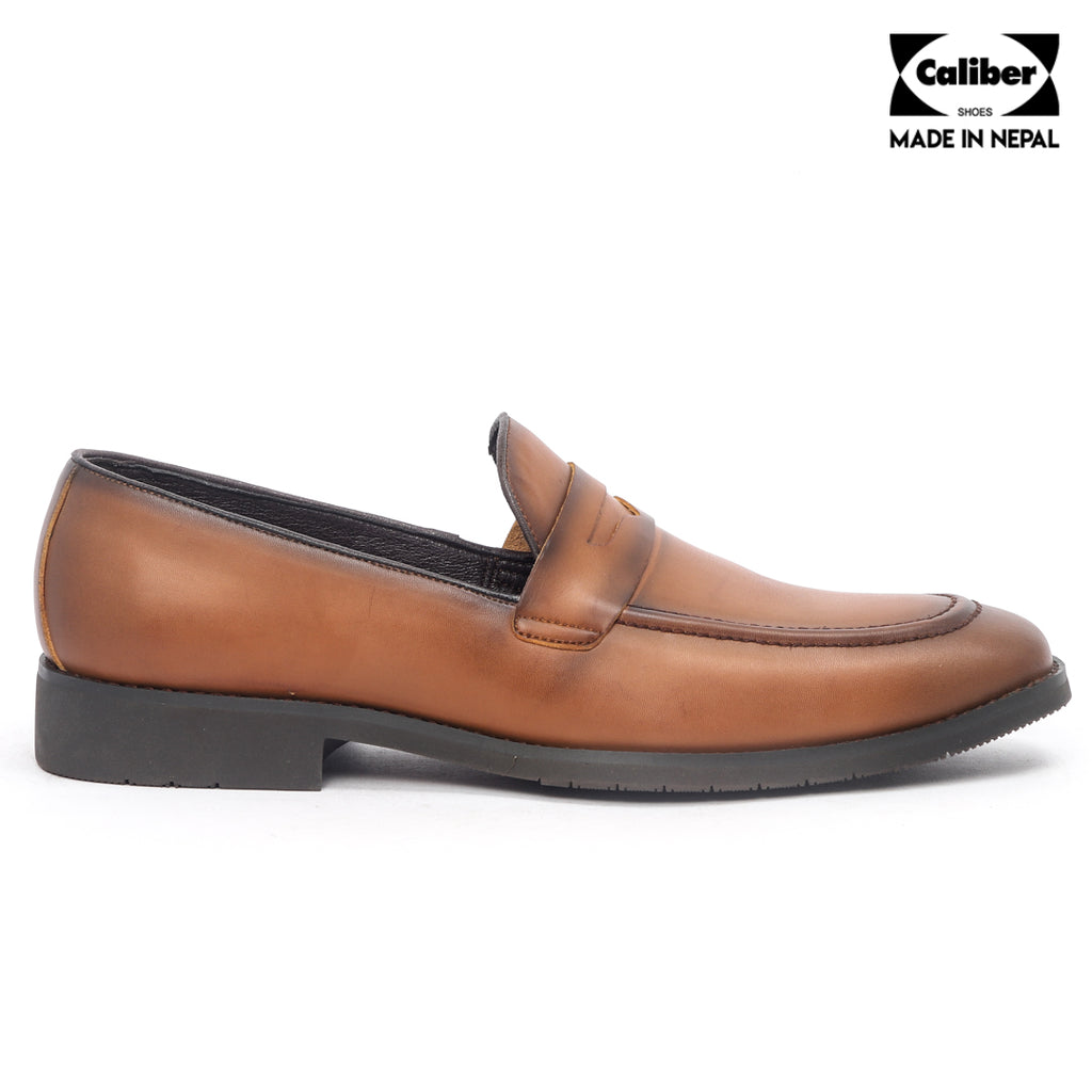Caliber Shoes Coffee/R Penny Formal Shoes for Men, slip-on style, slightly pointed tip, made from microfiber with rubber sole.