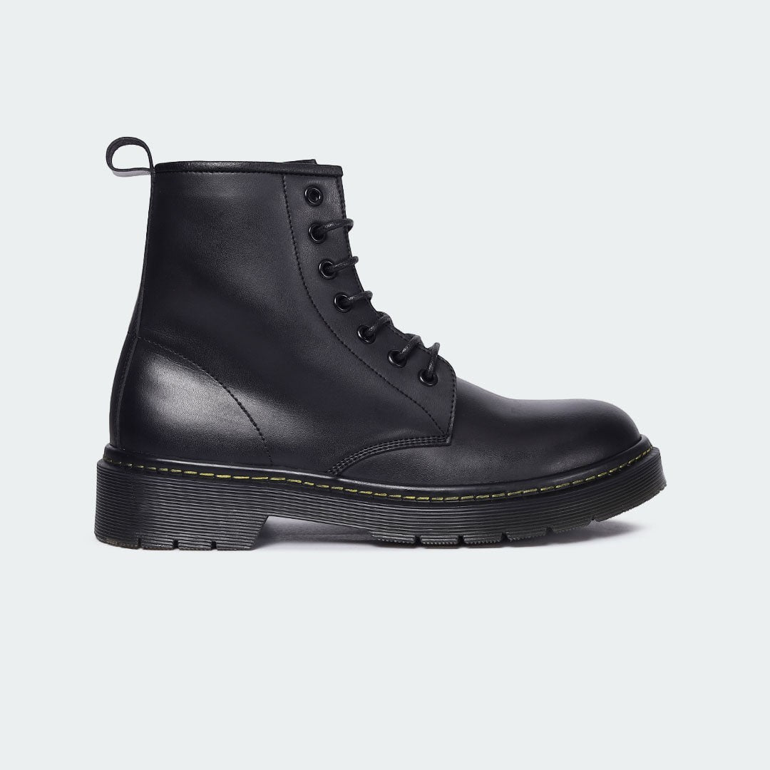 Caliber Shoes black microfiber lace-up boots with round toe and padded ankle collar.