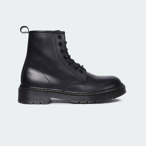 Caliber Shoes black microfiber lace-up boots with round toe and padded ankle collar.