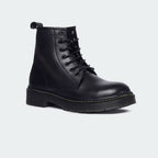 Caliber Shoes black microfiber lace-up boots with round toe, padded ankle collar, and rubber sole.