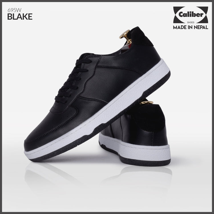 Pair of BLAKE black leather sneakers for men with white sole, styled product shot