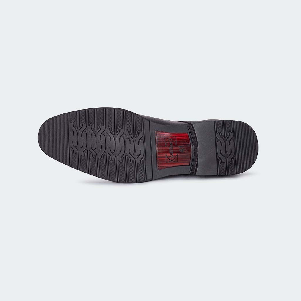 Caliber Shoes black faux leather plain toe derby dress shoes with a red logo detail on the sole.