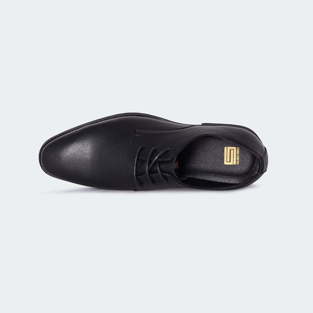 Caliber Shoes black faux leather plain toe derby dress shoes with lace-up closure and pebbled texture.
