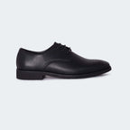 Caliber Shoes black faux leather plain toe derby dress shoes with lace-up closure and pebbled texture.