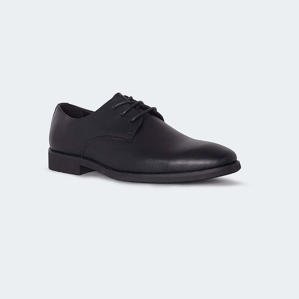 Caliber Shoes black faux leather plain toe derby dress shoes with lace-up closure and low block heel.
