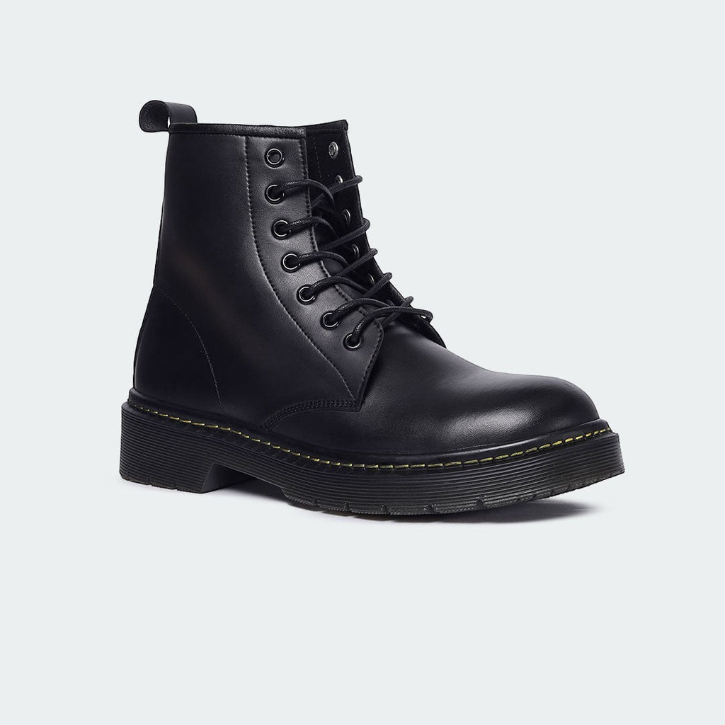 Caliber Shoes black microfiber lace-up round-toe boots with padded ankle collar and rubber sole.