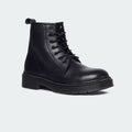 Caliber Shoes black microfiber lace-up round-toe boots with padded ankle collar and rubber sole.