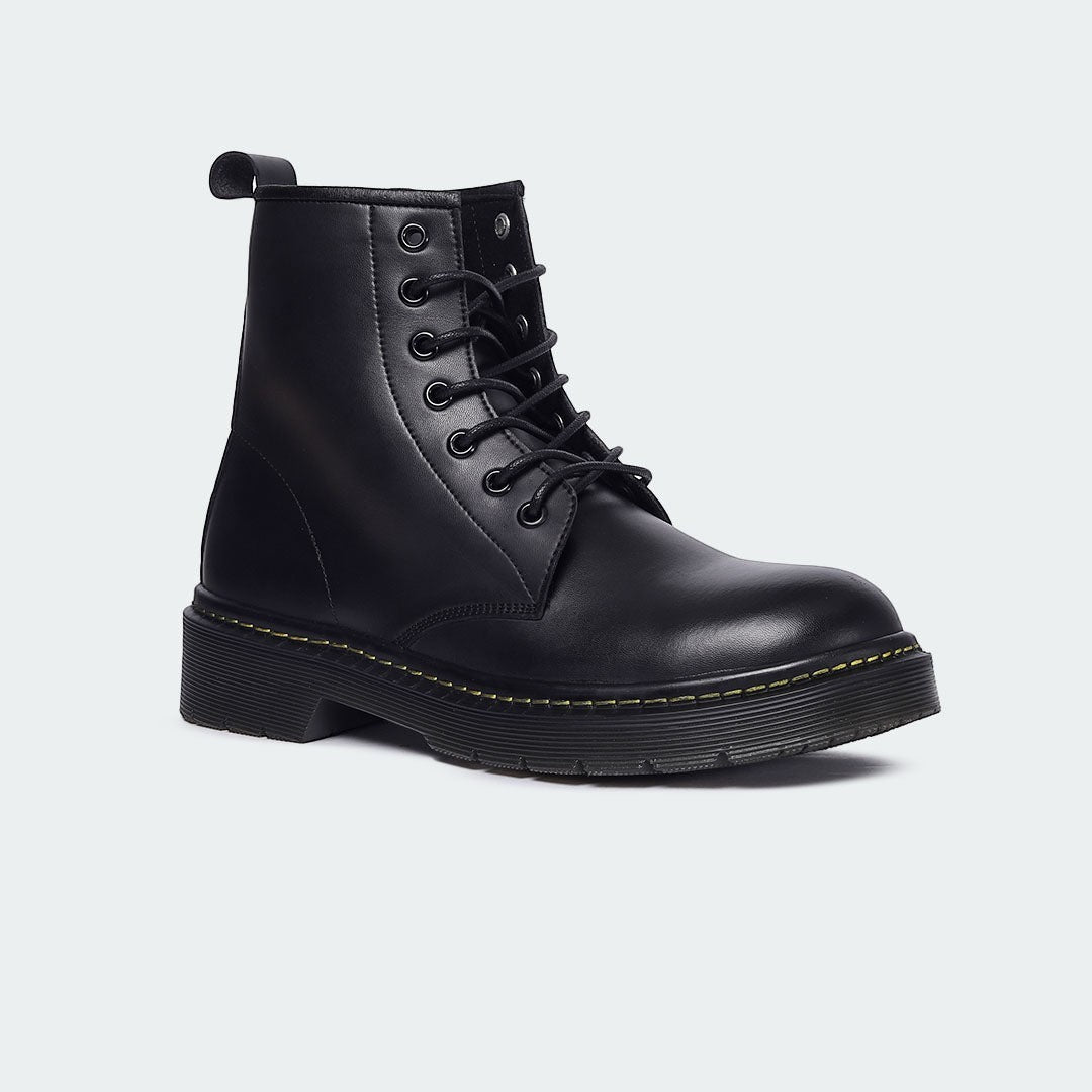 Caliber Shoes black microfiber lace-up round-toe boots with padded ankle collar and rubber sole.