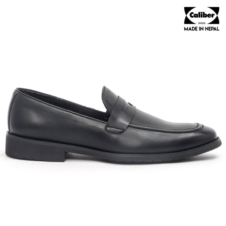 Black leather penny loafer slip-on formal shoe for men, outer side profile
