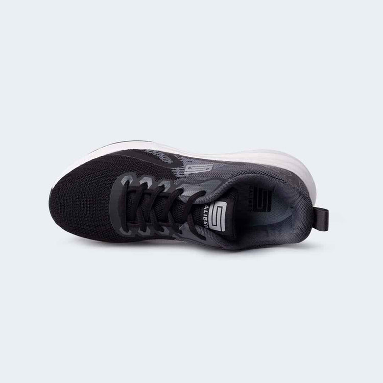 RORY 736 black and grey knit sport shoe, top view of laces and Caliber tongue logo