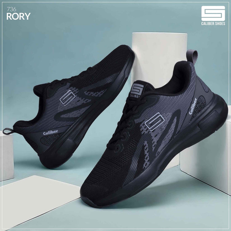 Pair of RORY 736 black and grey knit sport shoes with black sole, styled product shot