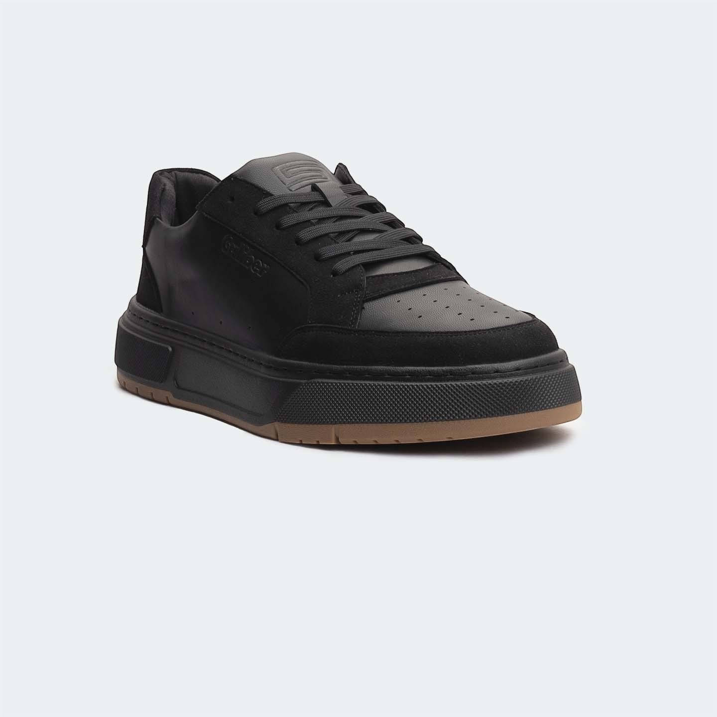 Caliber Shoes black microfiber suede casual sneakers with PU/TPU sole and lace-up closure.