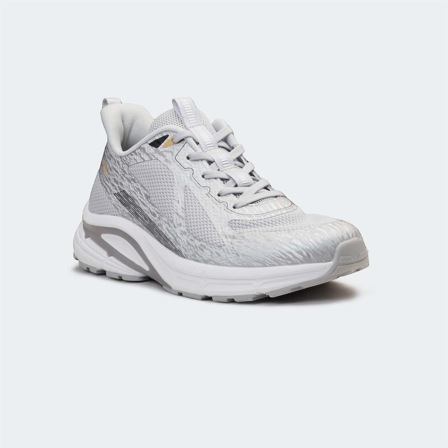 Caliber Shoes light grey mesh sports sneakers with white sculpted EVA midsole and metallic detailing.