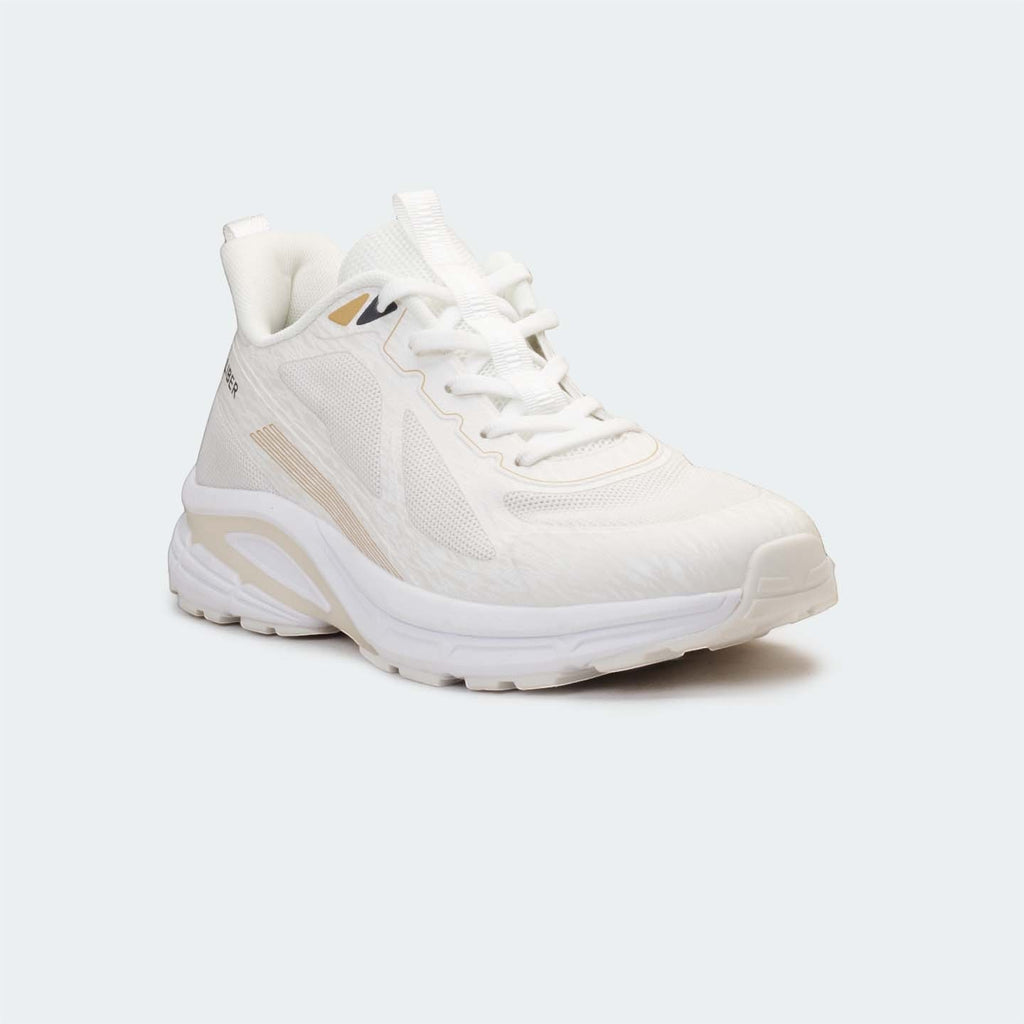 Caliber Shoes white mesh sports sneakers with gold accents and sculpted white EVA midsole. FLUX 756.