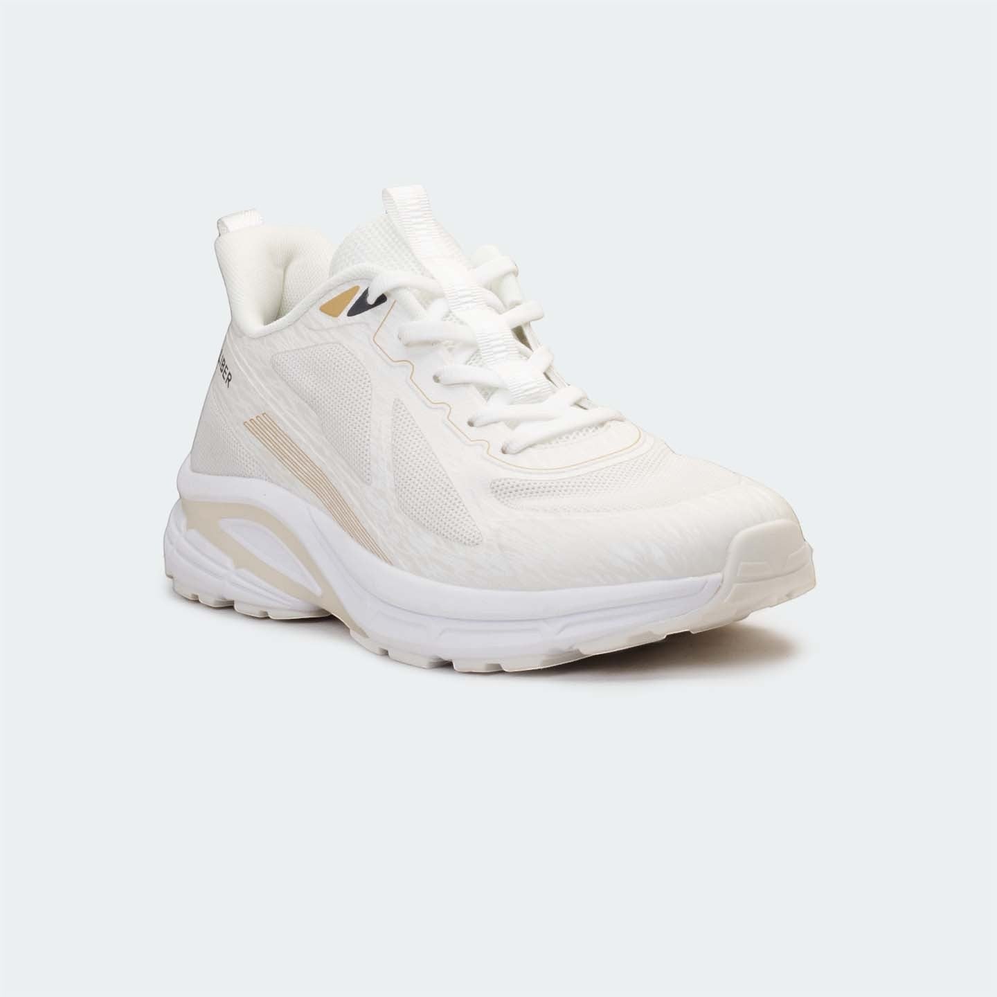 Caliber Shoes white mesh sports sneakers with metallic gold accents and sculpted EVA midsole.